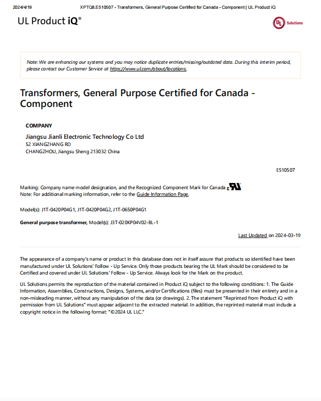 XPTQ8.E510507 - Transformers, General Purpose Certified for Canada - Component